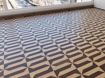 Geometric Pattern Wooden Floor Interior Design With Light Dark Tones And Natural Light 3d model
