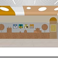 Bright School Interior With Yellow Ceiling Round Lights And Wall Display Frames 3d model
