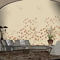 Modern Hotel Public Lounge With Curved Patterned Wall Beige Sofa And Grey Armchair