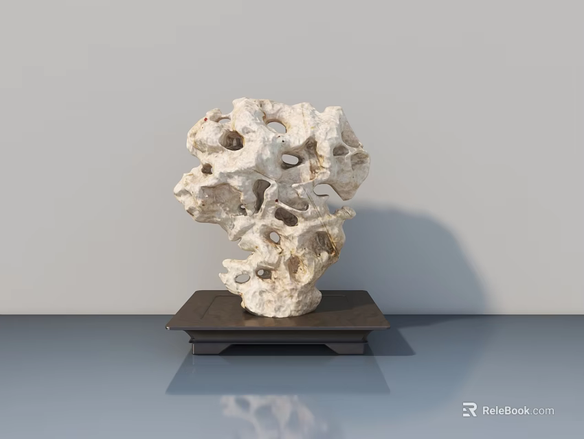 Porous White Stone Sculpture Displayed On Dark Wooden Stand For Home Decor 3d model 