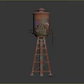 Vintage Red Water Tower Structure With Metal Frame Top Tank And Ladder