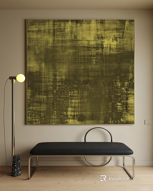 Abstract Olive Green Oil Painting Textured Brushstrokes On Beige Wall With Floor Lamp Black Bench 3d model 