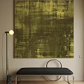 Abstract Olive Green Oil Painting Textured Brushstrokes On Beige Wall With Floor Lamp Black Bench