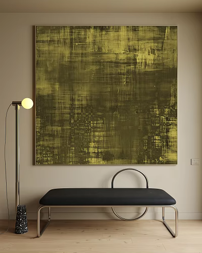 Abstract Olive Green Oil Painting Textured Brushstrokes On Beige Wall With Floor Lamp Black Bench 3d model