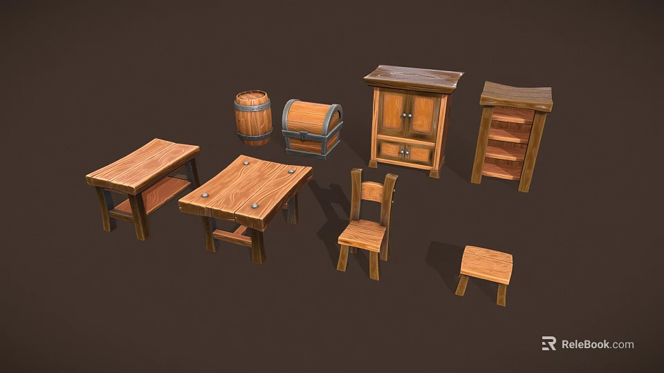Vintage Wooden Furniture Collection Including Tables Chairs Cabinet Barrel Chest Shelf And Stool 3d model 