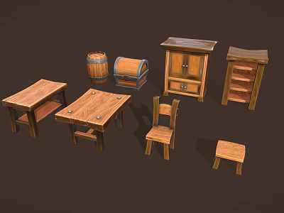 Vintage Wooden Furniture Collection Including Tables Chairs Cabinet Barrel Chest Shelf And Stool 3d model