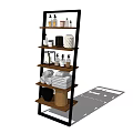 Multilayer Home Storage Shelf with Rolled Folded Towels Bottles Jars and Black Bowl