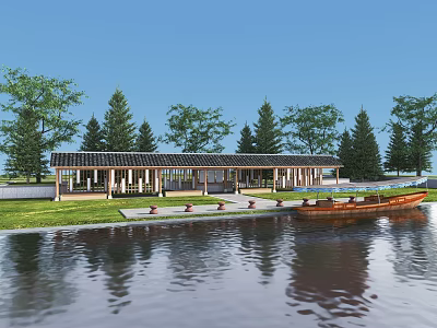 Tranquil Waterfront Landscape With Traditional Tiled Roof Veranda Pine Trees Wooden Boat And Calm Water 3d model