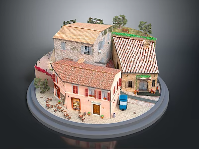 Colorful Miniature Landscape With Model Houses Tile Roofs Small Blue Car And Circular Base 3d model