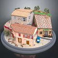 Colorful Miniature Landscape With Model Houses Tile Roofs Small Blue Car And Circular Base