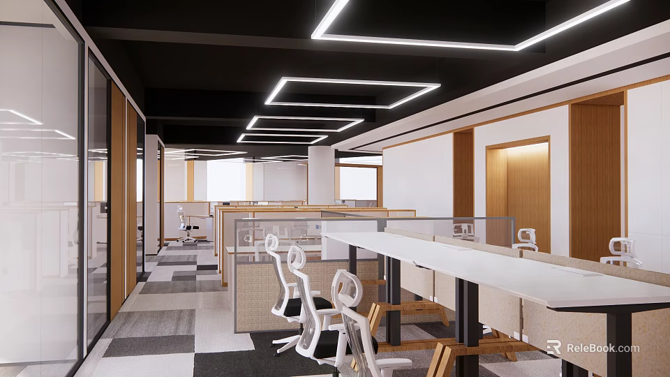 Modern Public Office Space with Open Layout White Desks Glass Partitions and Square Ceiling Lights 3d model