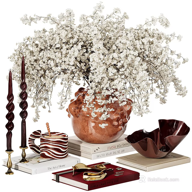 Brown Textured Vase With White Baby's Breath Flowers Candles Zebra Print Mug Books Decorative Bowl 3d model 