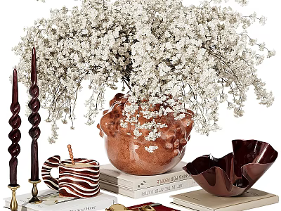 Brown Textured Vase With White Baby's Breath Flowers Candles Zebra Print Mug Books Decorative Bowl 3d model
