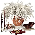 Brown Textured Vase With White Baby's Breath Flowers Candles Zebra Print Mug Books Decorative Bowl