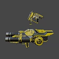 Futuristic Dual Barrel Weapon with Yellow Silver Design and Detailed Top Mounted Part