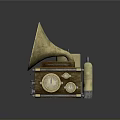 Vintage Industrial Equipment With Brass Horn Wooden Base Mechanical Design And Dials