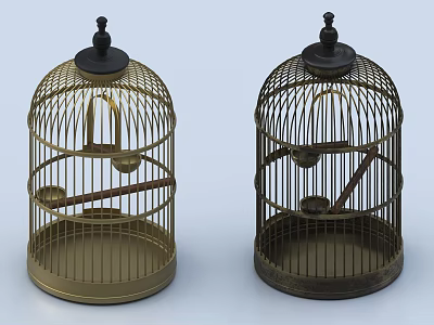 Vintage Decorative Ornament Set With Two Metal Birdcages For Home Decor 3d model