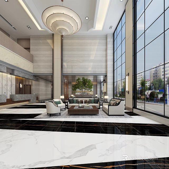 Elegant Hotel Lobby Interior With Marble Floors Large Windows Sofas Coffee Table And Green Plant 3d model