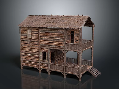 Traditional Two Story Wooden House With Thatched Roof And Balcony Staircase 3d model