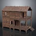 Traditional Two Story Wooden House With Thatched Roof And Balcony Staircase
