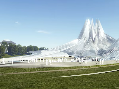 Modern Cultural Center Building with Unique Geometric Glass Structure Surrounded by Green Lawn and Crowd 3d model