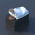 Black Display Shelf With Folded White Clothes And Wooden Tray