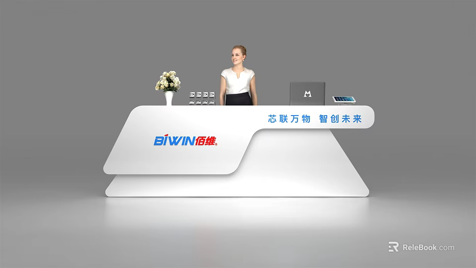 Modern White Reception Desk with BiWIN Logo Vase and Flowers in Office Lobby 3d model 