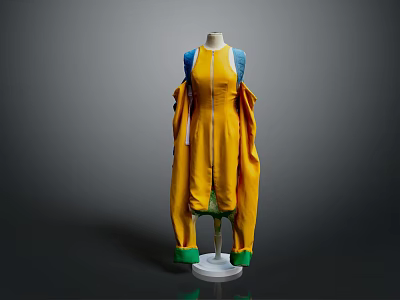 Stylish Yellow Dress With Blue Shoulder Details And Green Cuffs Displayed On Mannequin 3d model
