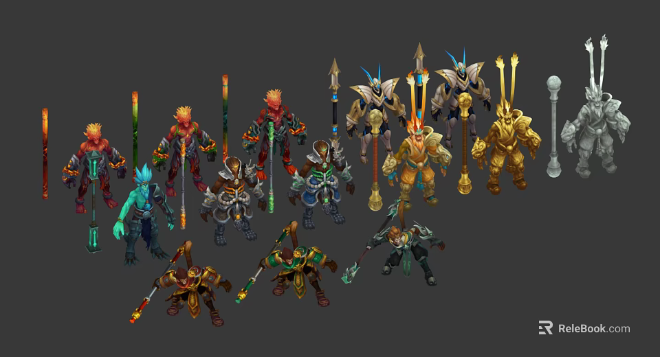 Diverse Mythical Game And Movie Characters With Colorful Outfits And Weapons 3d model 