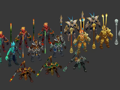 Diverse Mythical Game And Movie Characters With Colorful Outfits And Weapons 3d model