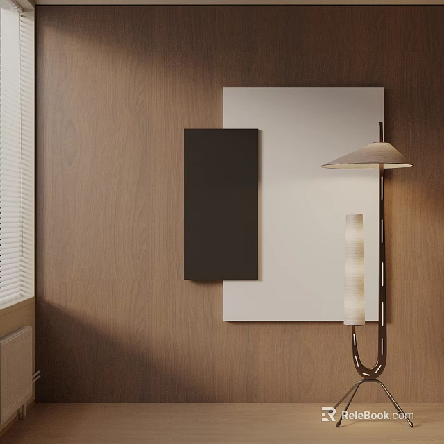 Modern Floor Lamp in Interior with Wooden Wall and Black and White Decorative Panels 3d model 
