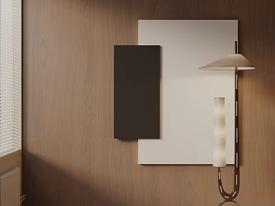 Modern Floor Lamp in Interior with Wooden Wall and Black and White Decorative Panels 3d model