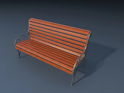 Wooden Outdoor Bench With Slatted Seat Back And Decorative Metal Frame 3d model