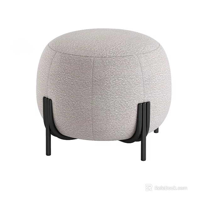 Light Gray Round Ottoman With Textured Fabric And Black Legs 3d model 