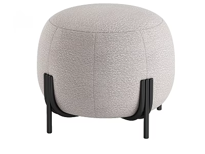 Light Gray Round Ottoman With Textured Fabric And Black Legs 3d model