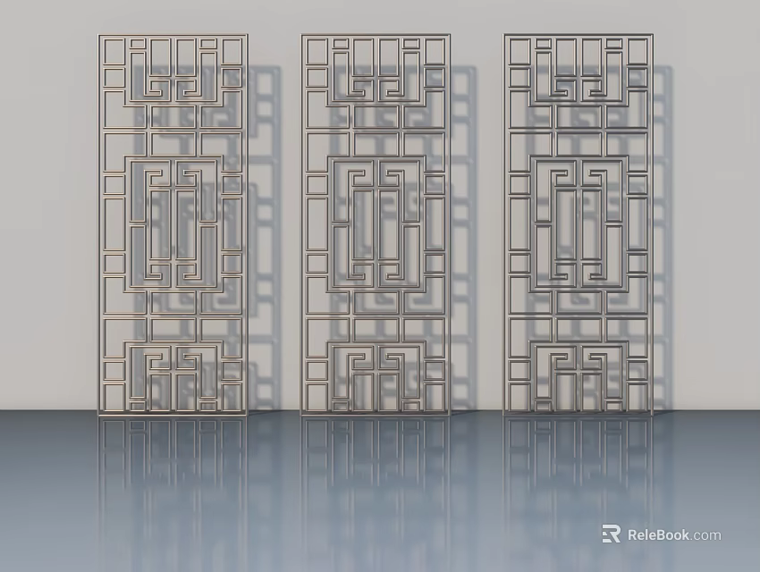 Three Modern Hinged Doors With Geometric Lattice Design And Reflective Metal Surface 3d model