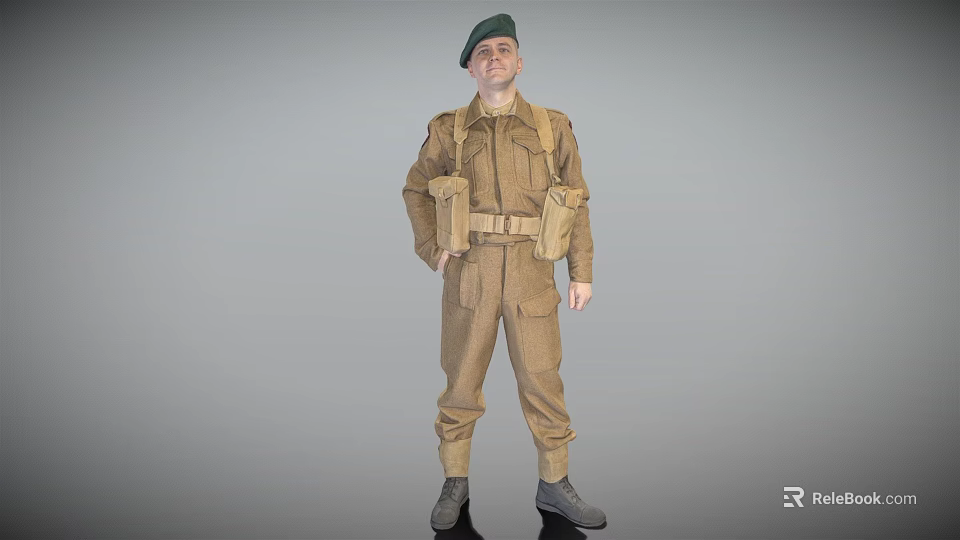 Man in Brown Military Uniform Wearing Green Beret and Tactical Belt Equipment 3d model 