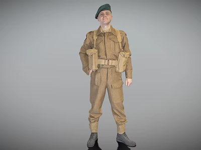 Man in Brown Military Uniform Wearing Green Beret and Tactical Belt Equipment 3d model