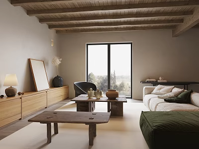 Modern Wabi Sabi Open Plan Living Dining Room With Exposed Wood Beams And Comfortable Furnishings 3d model