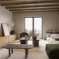 Modern Wabi Sabi Open Plan Living Dining Room With Exposed Wood Beams And Comfortable Furnishings