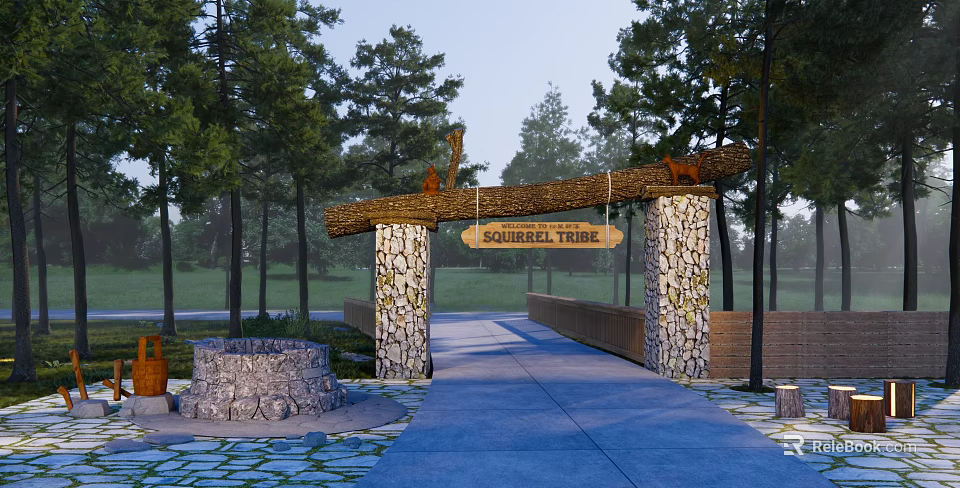 Natural Style Entrance Gate With Log Beam Stone Pillars And Squirrel Tree Sign Surrounded By Trees 3d model 