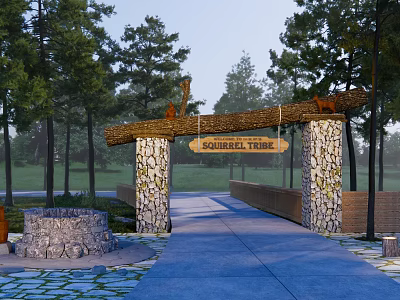Natural Style Entrance Gate With Log Beam Stone Pillars And Squirrel Tree Sign Surrounded By Trees 3d model
