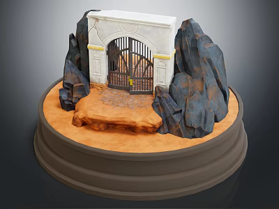 White Stone Entrance Gate With Black Iron Design And Rock Decorations On Brown Platform 3d model