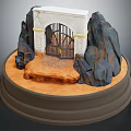 White Stone Entrance Gate With Black Iron Design And Rock Decorations On Brown Platform