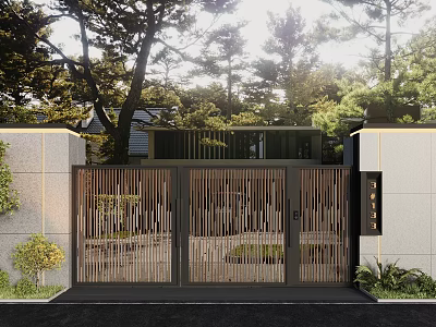 Modern Entrance Gate With Wooden Slats And Greenery Around 3d model