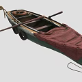 Vintage Wooden Boats With Blue Brown Red Hulls Canvas Covers Oars And Life Rings