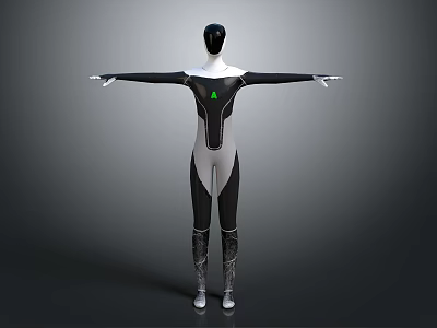Humanoid Character 3D Model With Black White Bodysuit Green Triangle Logo Outstretched Arms Standing Pose 3d model