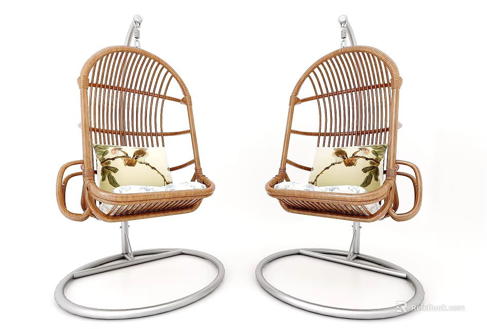 Two Modern Wicker Hanging Chairs With Metal Stands And Leaf Pattern Cushions 3d model