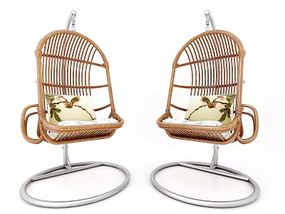 Two Modern Wicker Hanging Chairs With Metal Stands And Leaf Pattern Cushions 3d model