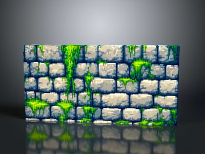 Natural Stone Wall Surface With Green Moss Covered Bricks And Reflection 3d model
